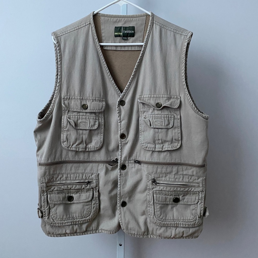 Fashion Rugged Outdoors Hiking Fisherman Granola Multi-Pocket Vest XXXXL Tan